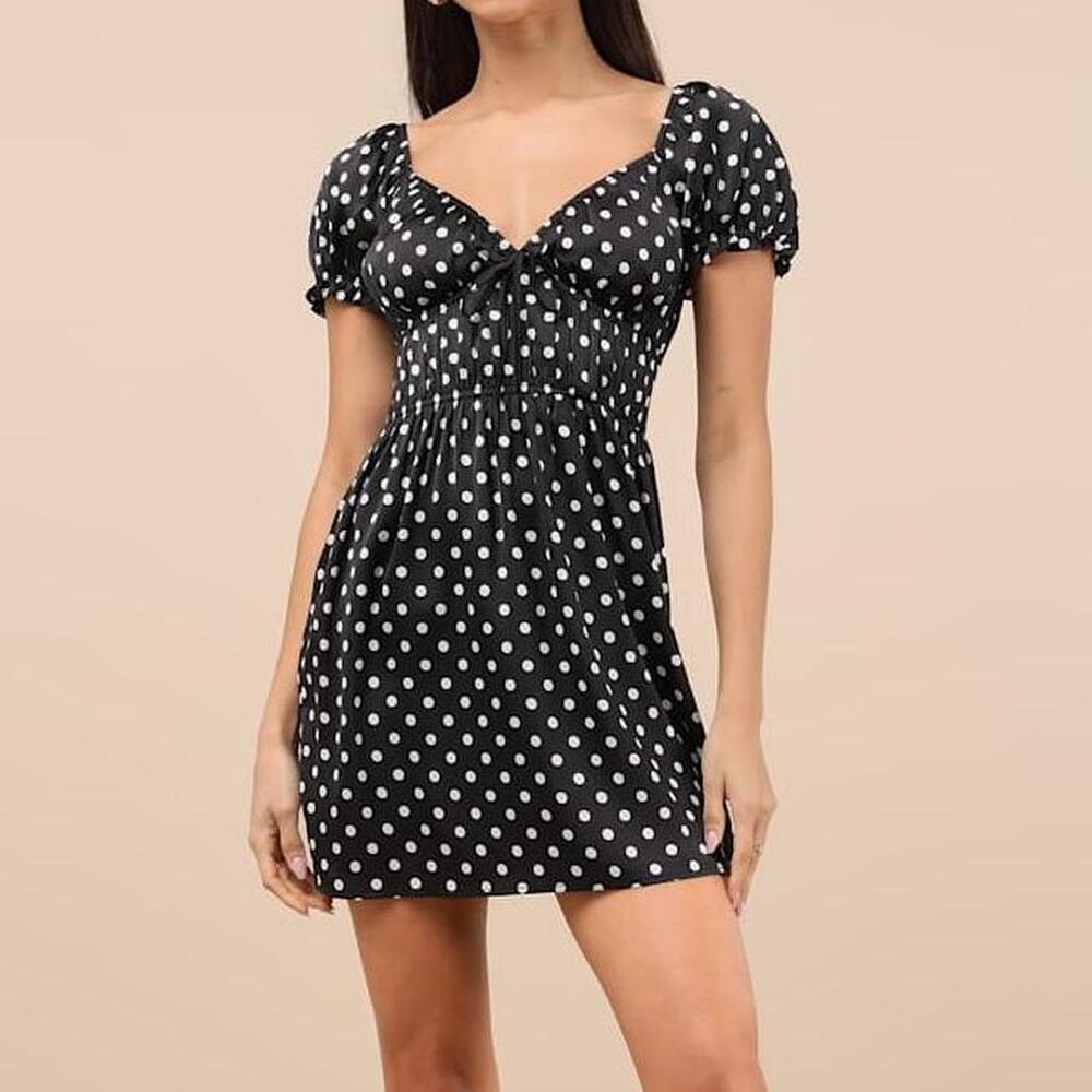 NWT Lulus Makara Black Polka Dot Satin Puff Sleeve Mini Dress Size M